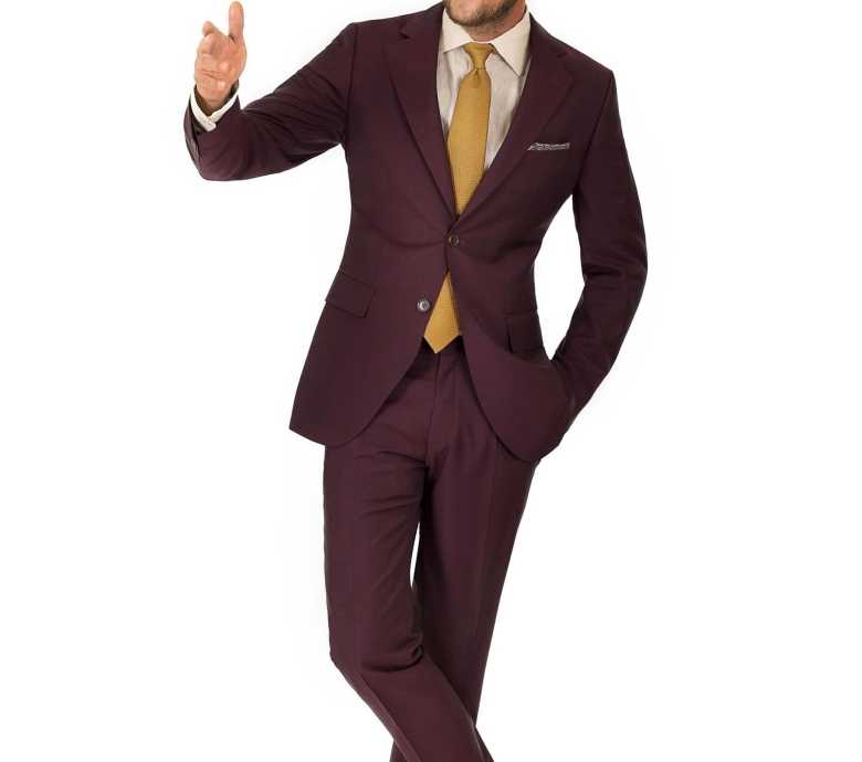 a burgundy wool and mohair suit by Oliver Wicks