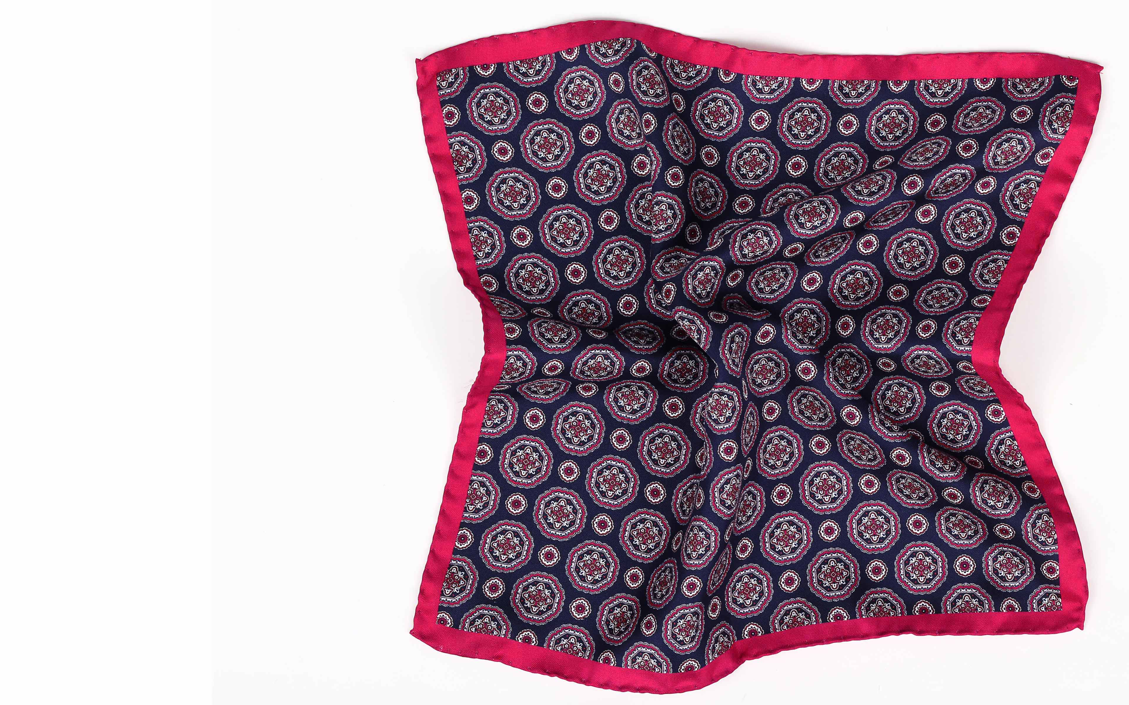 Navy & Pink Shapes Italian 100% Silk Pocket Square