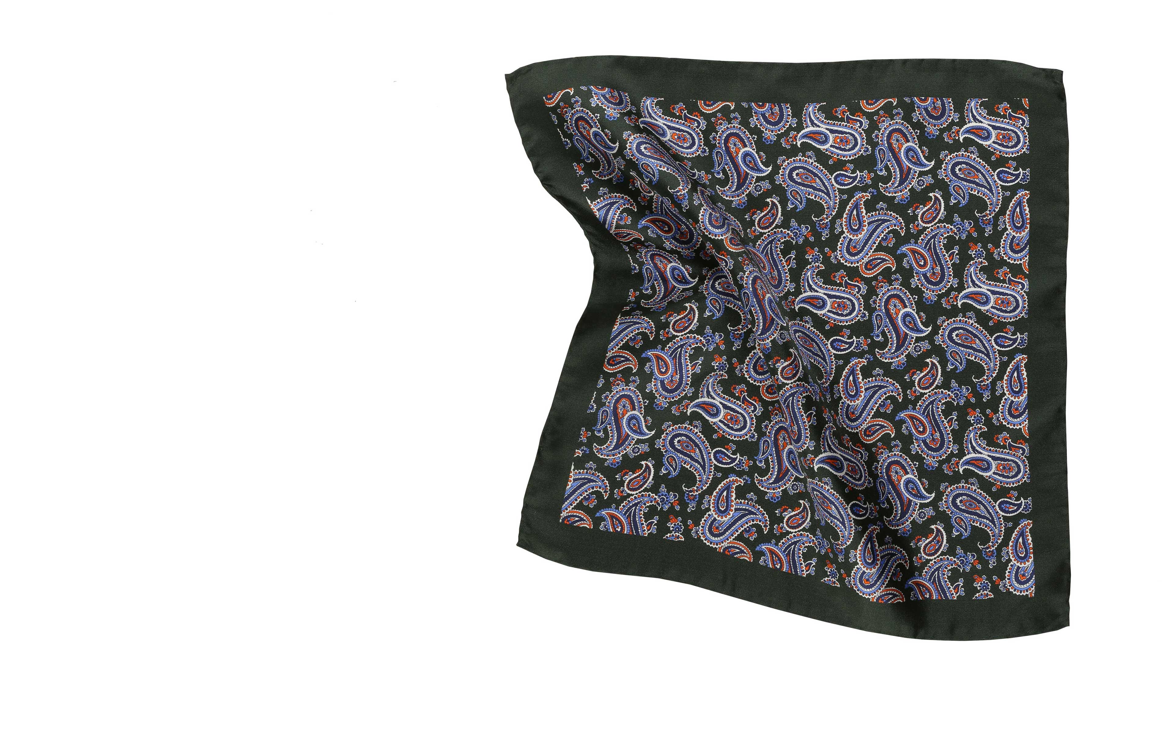Green, Navy & Orange Italian 100% Silk Pocket Square