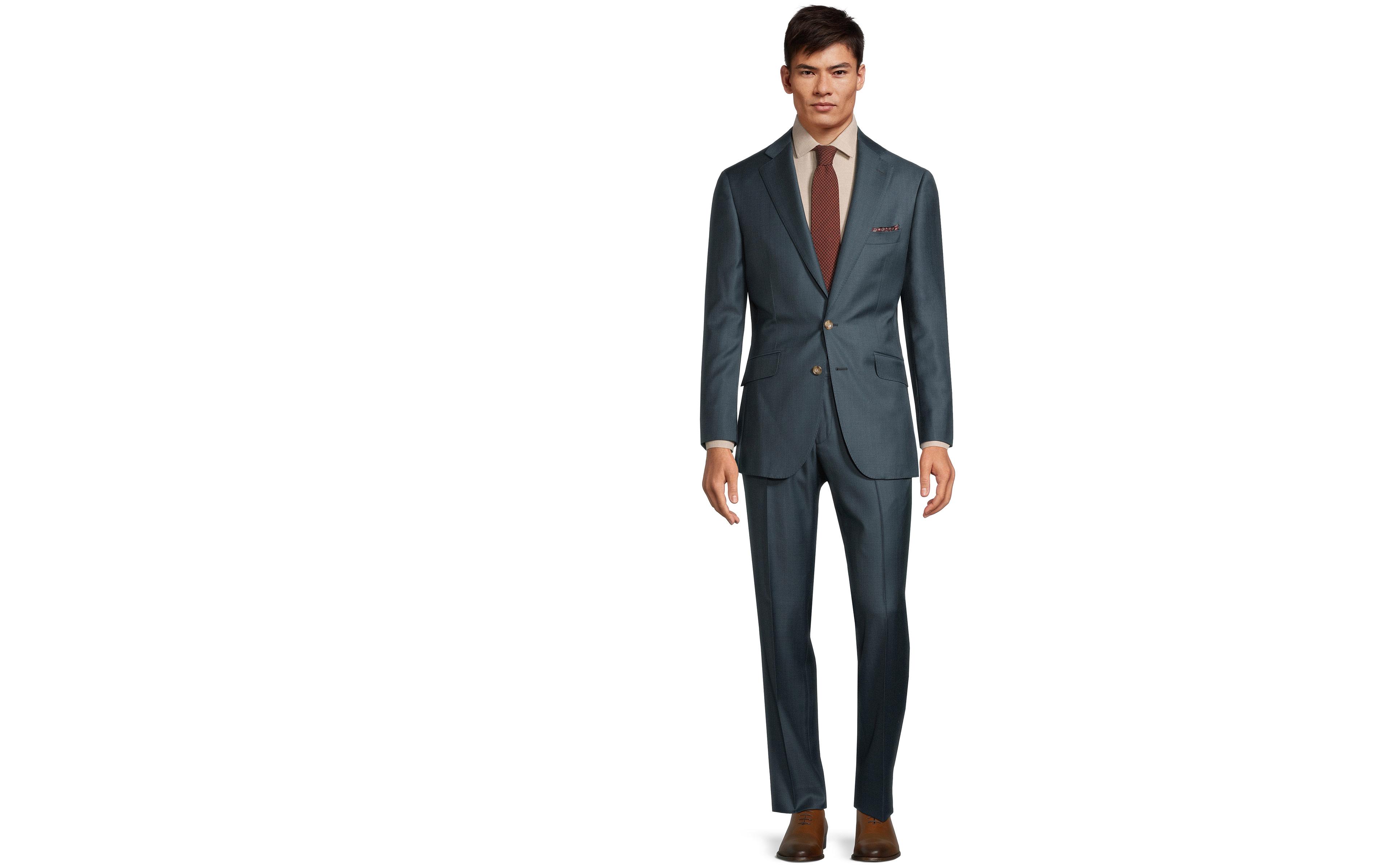 Teal Blue Wool Silk & Cashmere Sharkskin Suit