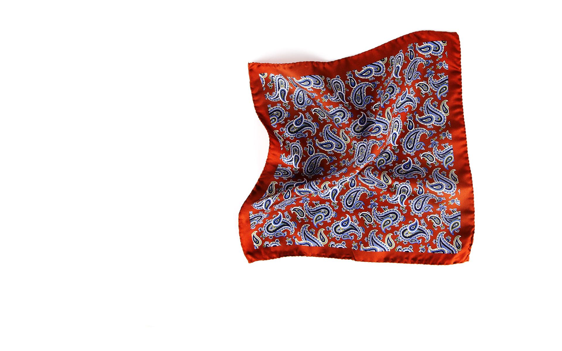 Italian 100% Silk Cinnamon and Blue Paisley Pocket Square