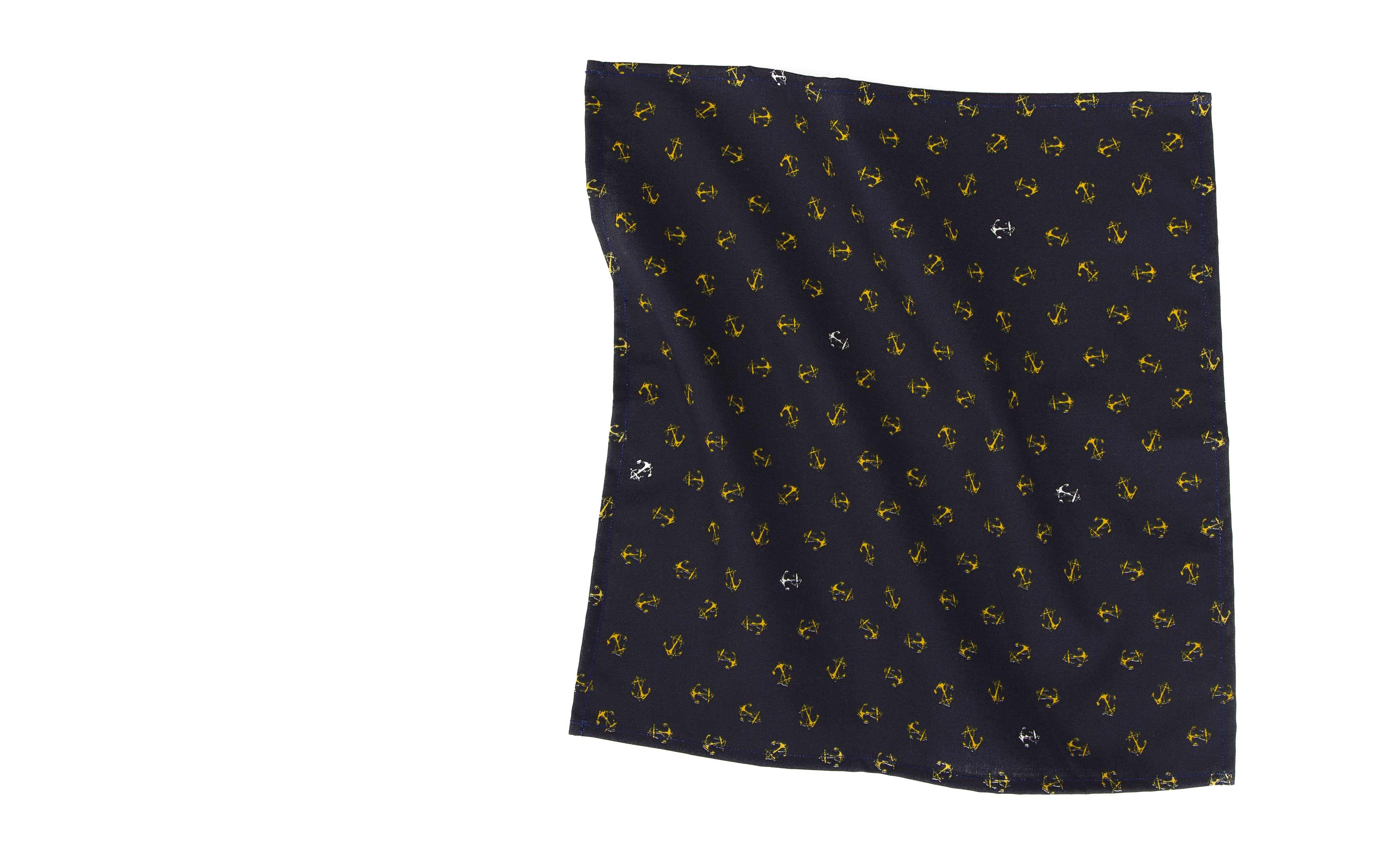 Navy Pocket Square With An Anchor Pattern