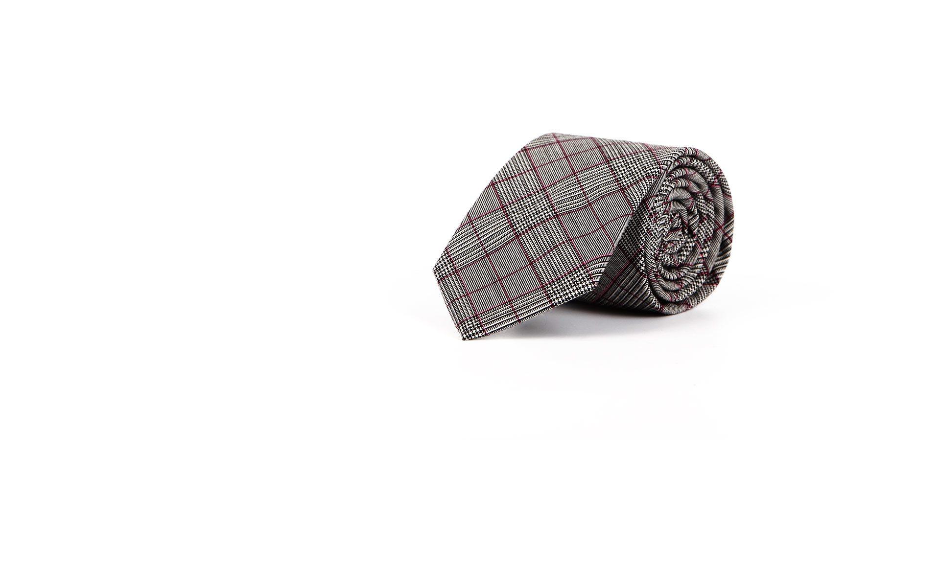 Grey Plaid Tie With A Coral Overcheck Pattern