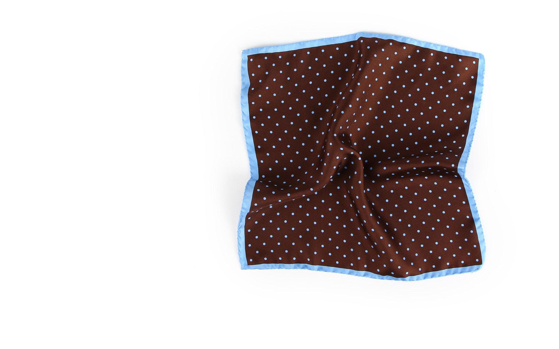 Brown & Light Blue Dotted Italian 100% Silk Pocket Square