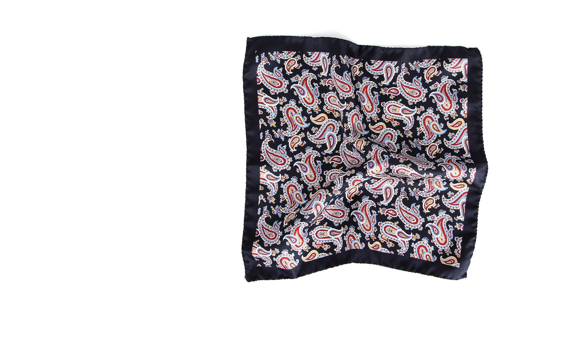 Navy, Red & Yellow Paisley Italian 100% Silk Pocket Square