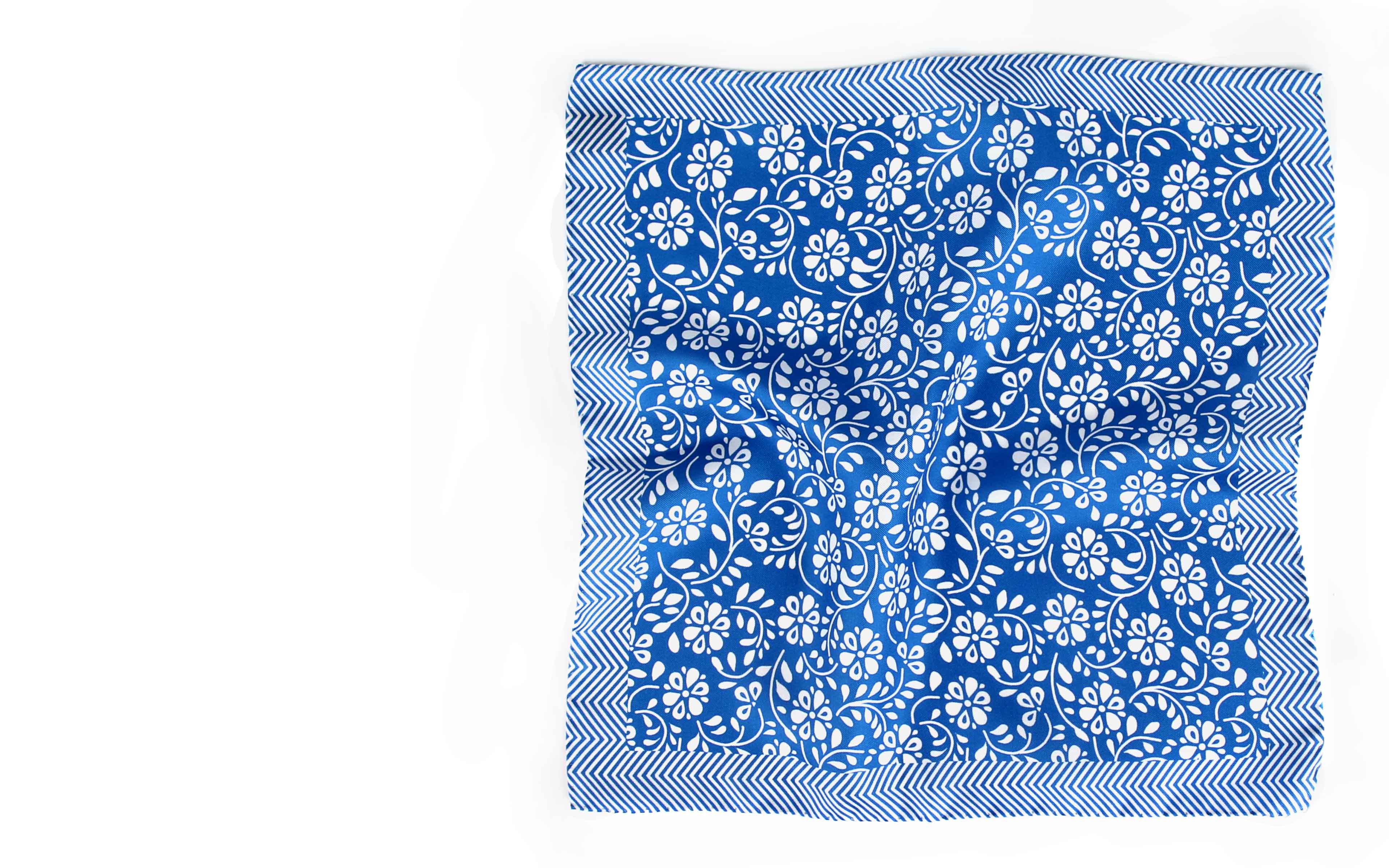 Light Blue Floral Italian 100% Silk Pocket Square