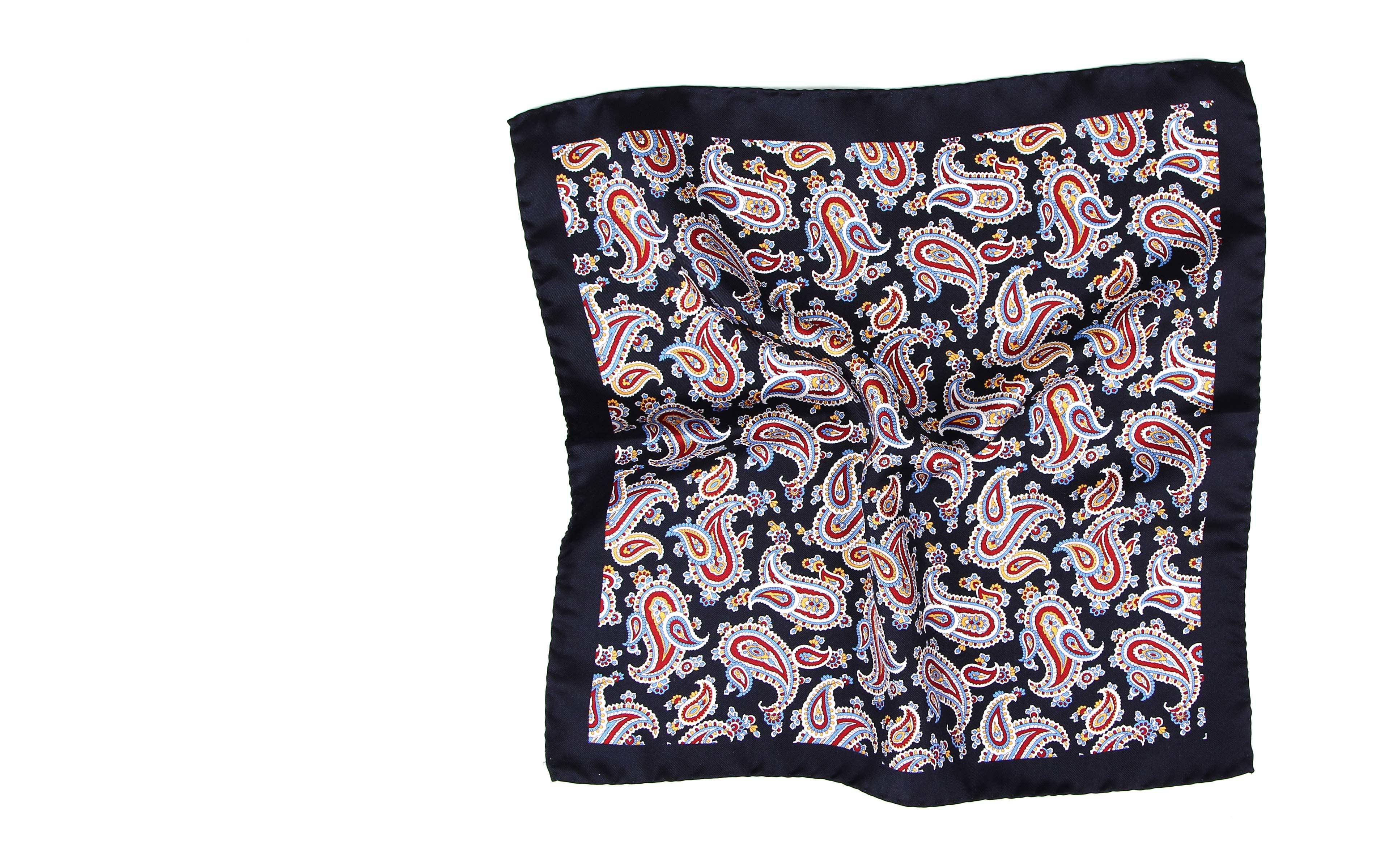 Navy & Red Paisley Silk Pocket Square