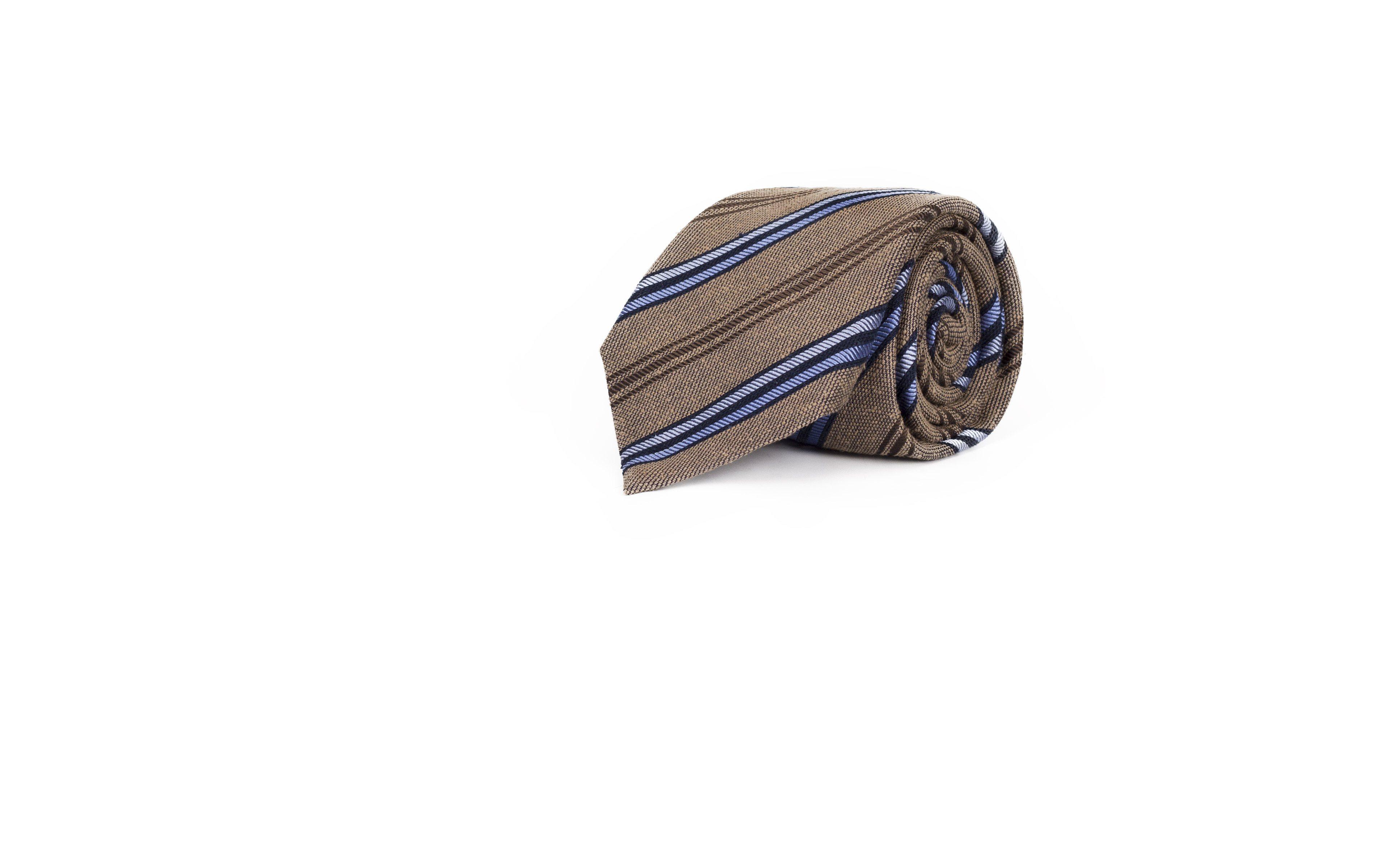 Khaki with Navy & Blue Stripes 100% Bourette Silk Tie