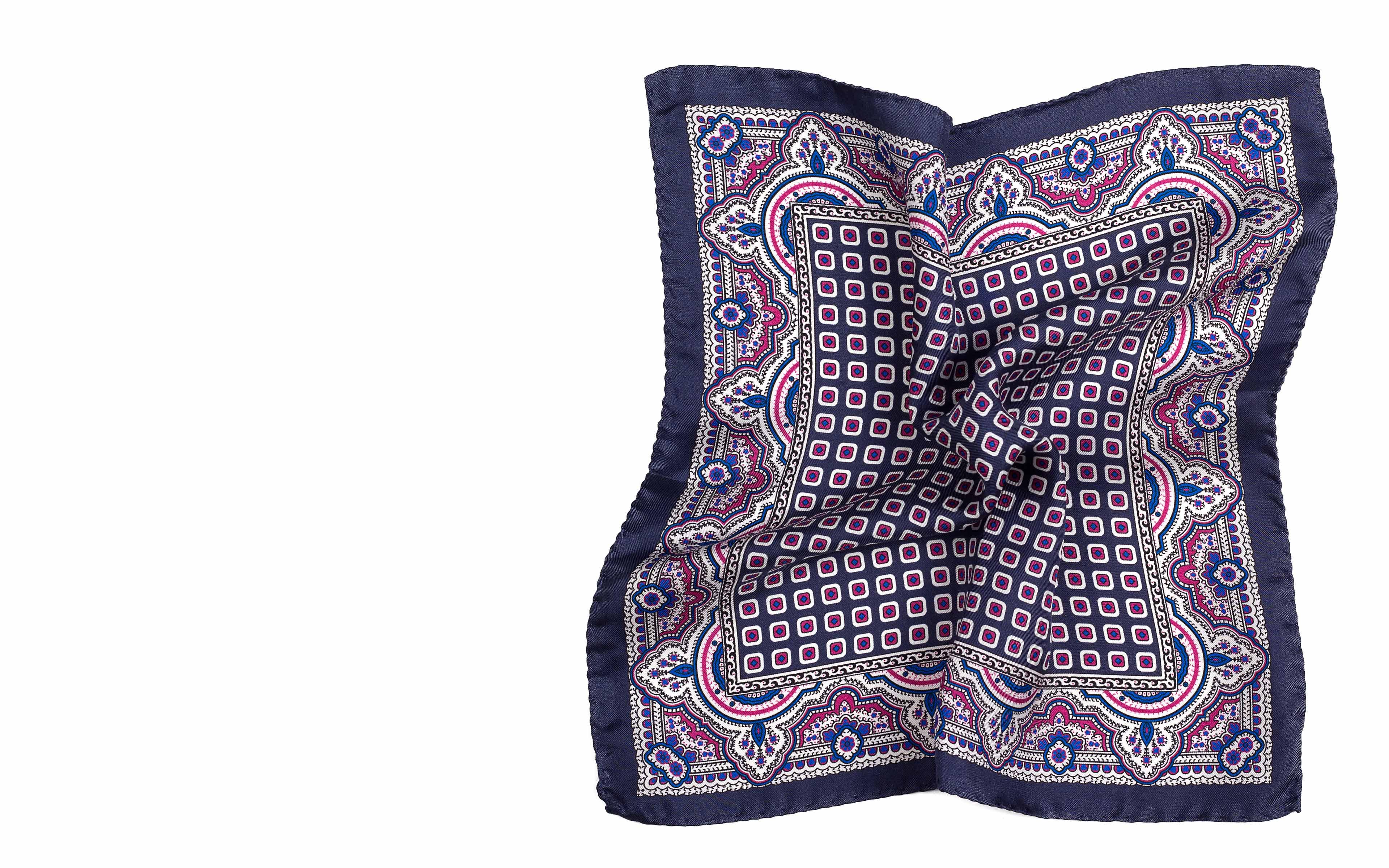 Blue & Purple Arabesque Pattern Italian 100% Silk Pocket Square