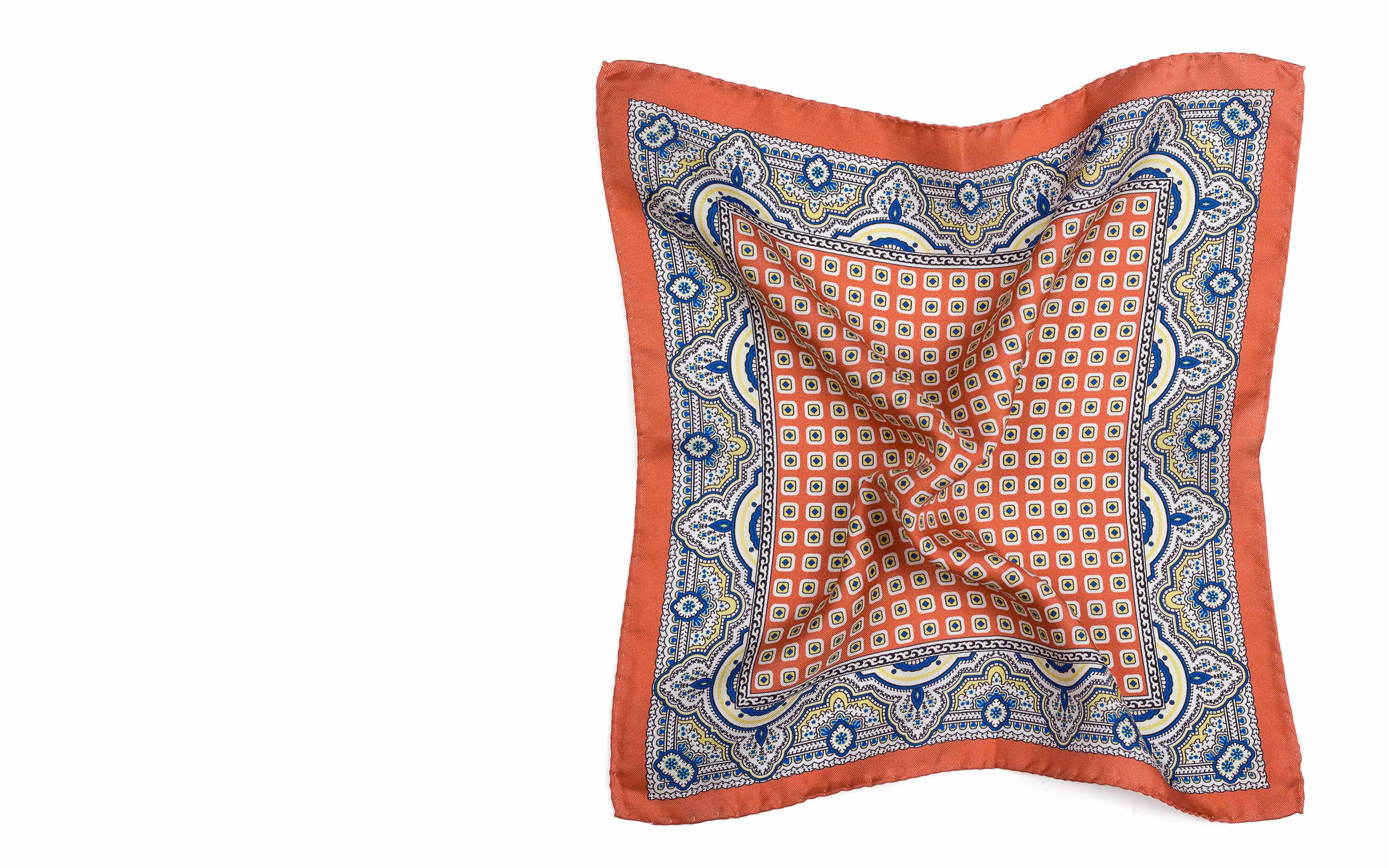 Salmon & Blue Arabesque Pattern Italian 100% Silk Pocket Square