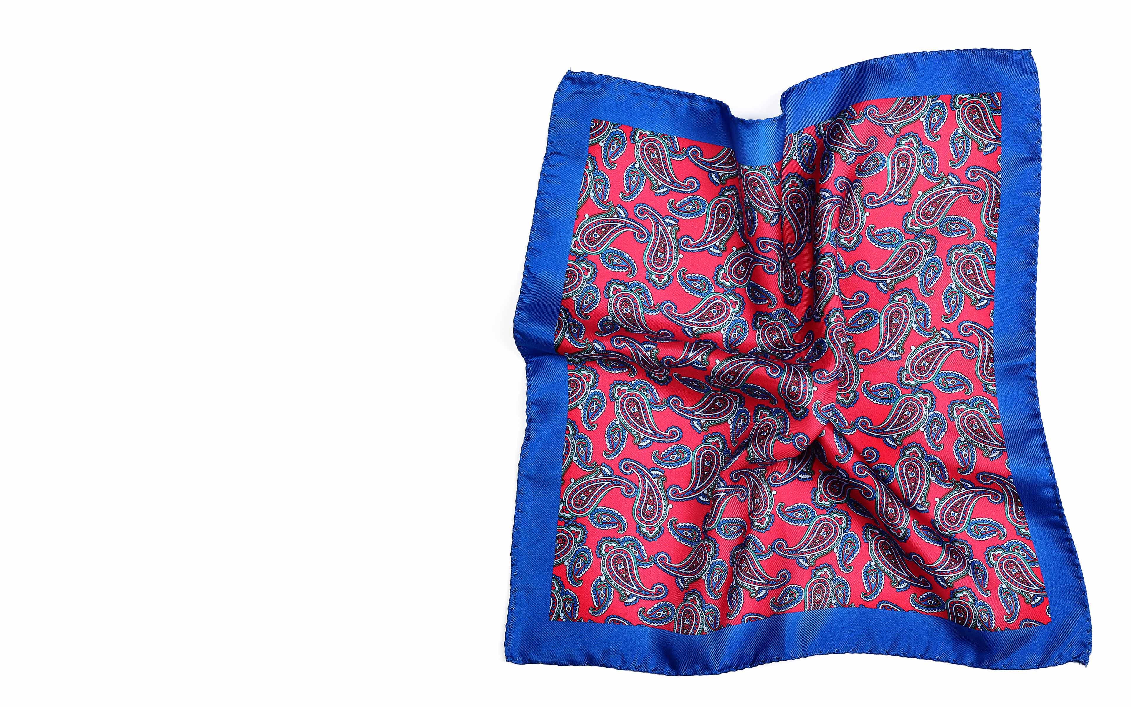 Fire Red & Blue Paisley Italian 100% Silk Pocket Square