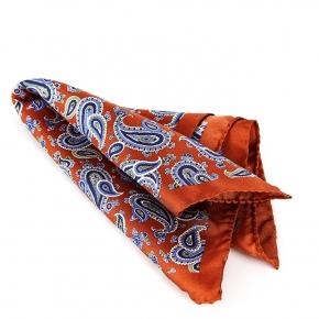 Italian 100% Silk Cinnamon and Blue Paisley Pocket Square - 1