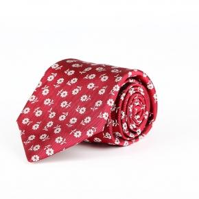 Red Italian 100% Silk Tie With A Floral Pattern - 0