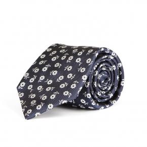 Blue Italian 100% Silk Tie With A Floral Pattern - 0
