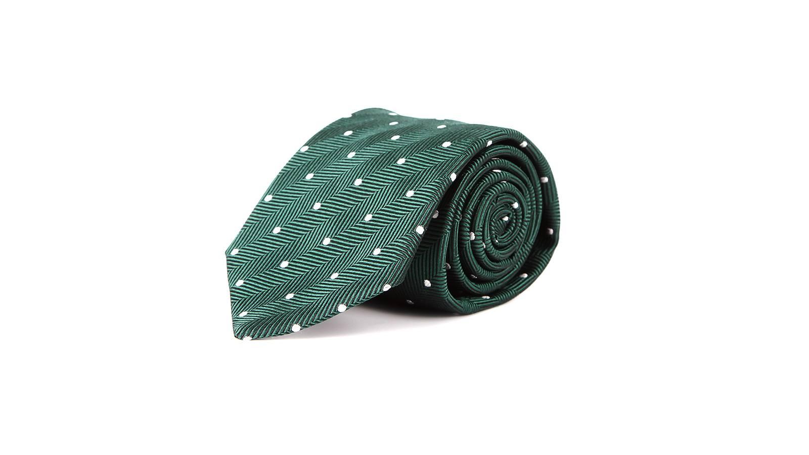 Olive Green Dotted Herringbone 100% Silk Tie - slider image 1