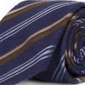 Navy with Cream & Blue Stripes 100% Bourette Silk Tie - 0