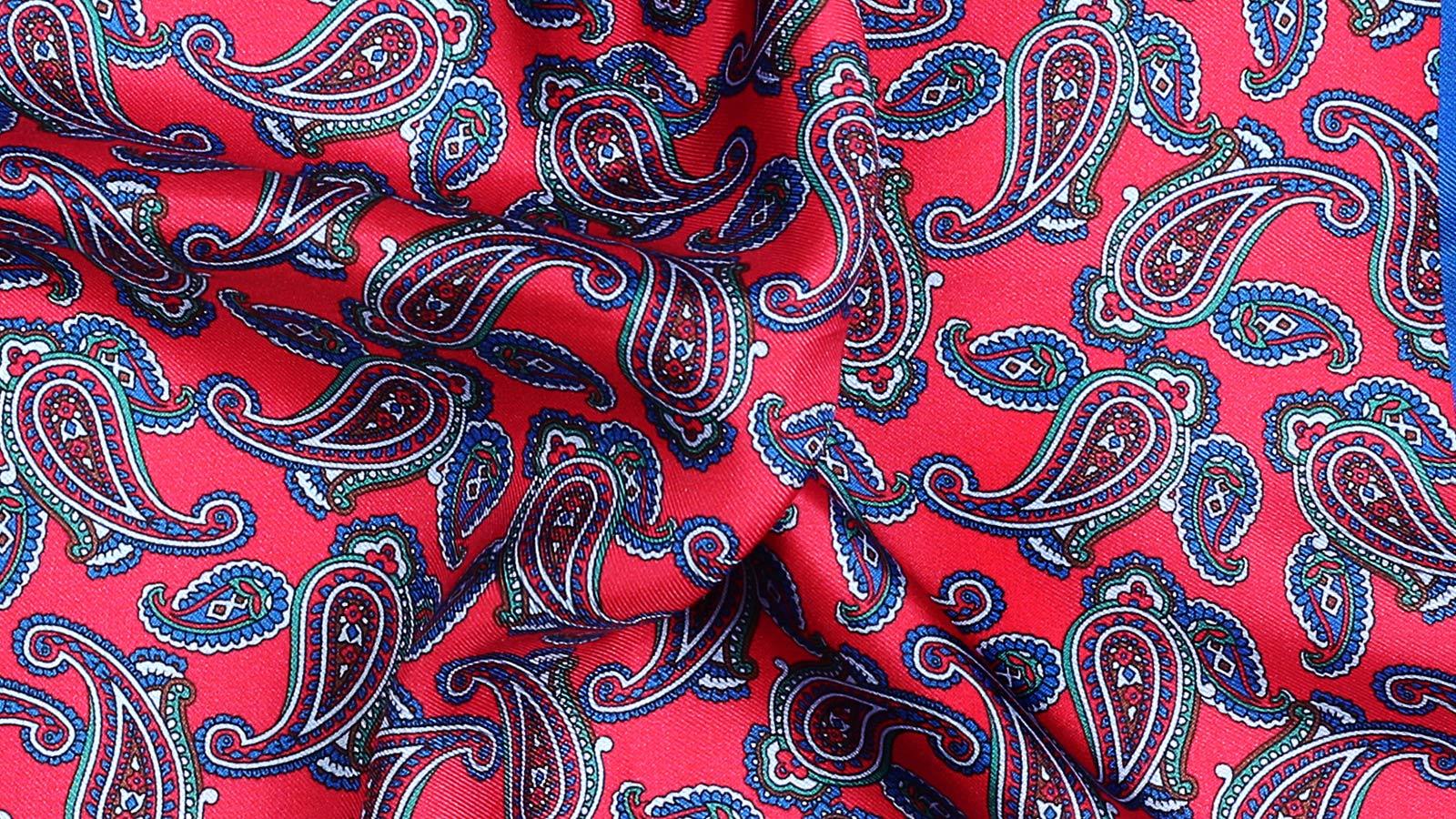 Fire Red & Blue Paisley Italian 100% Silk Pocket Square - slider image 