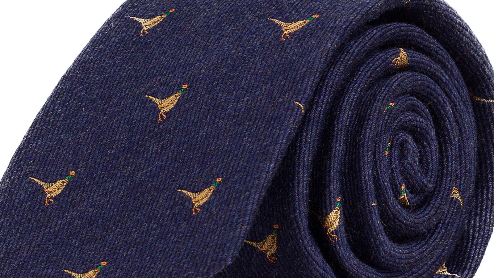 Pheasant Pattern Navy Wool & Silk Tie - slider image 