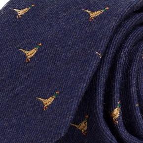 Pheasant Pattern Navy Wool & Silk Tie - 0