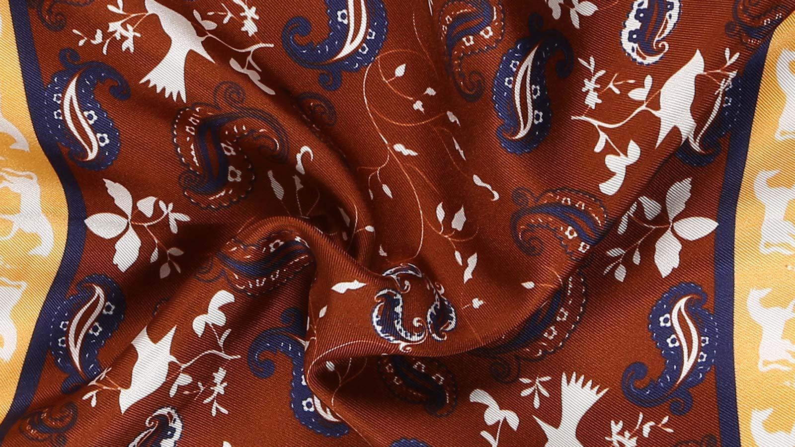 Gold & Chocolate Brown Patterned Italian 100% Silk Pocket Square - slider image 2