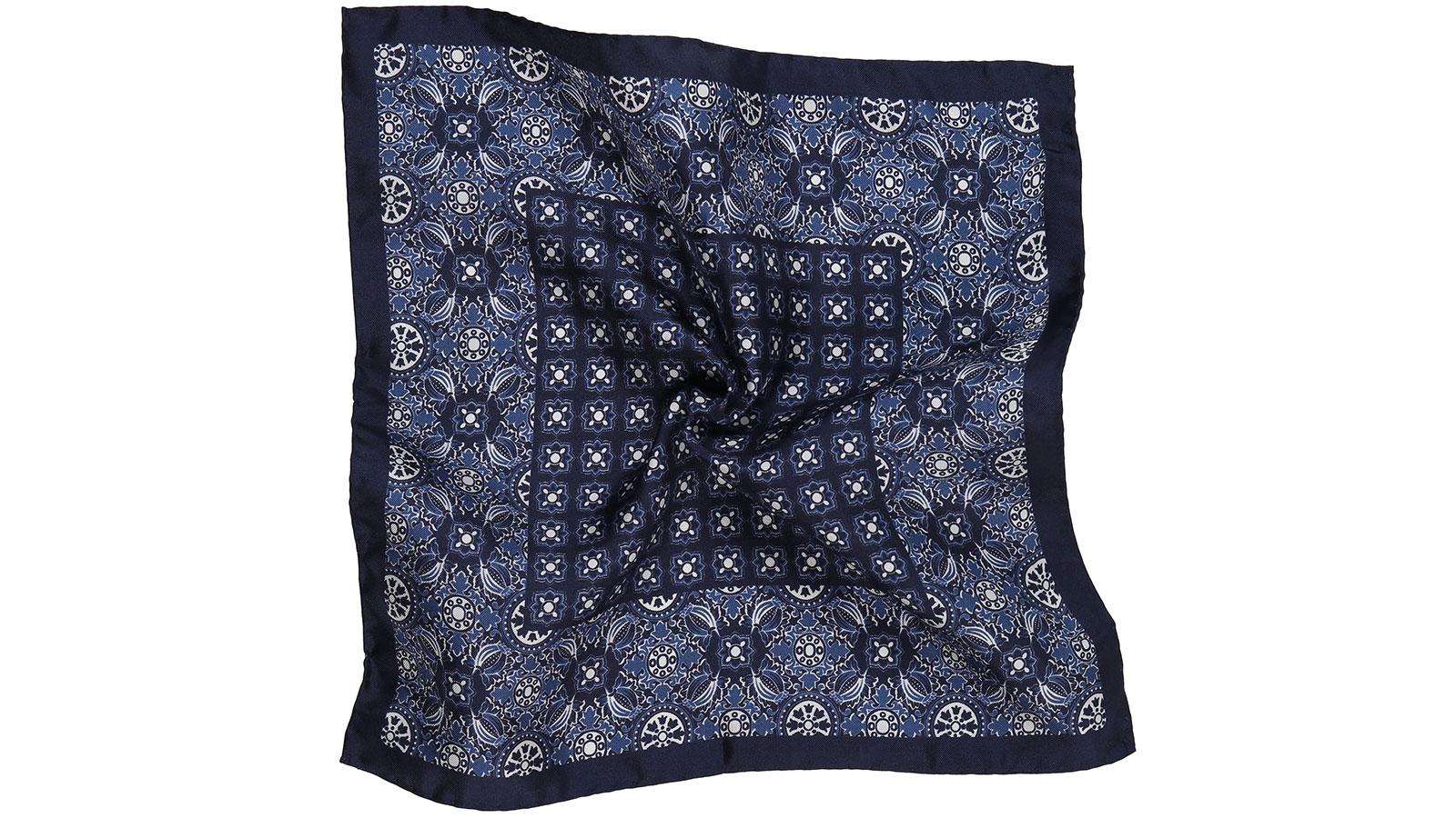 Navy & White Patterned 100% Silk Pocket Square  - slider image 2