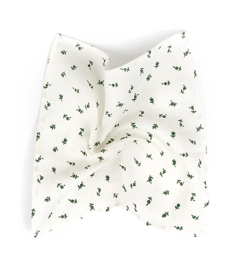White Linen Pocket Square with Green Flowers