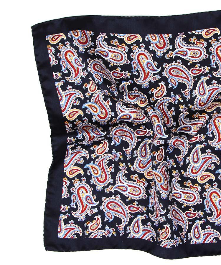 Navy & Red Paisley Silk Pocket Square