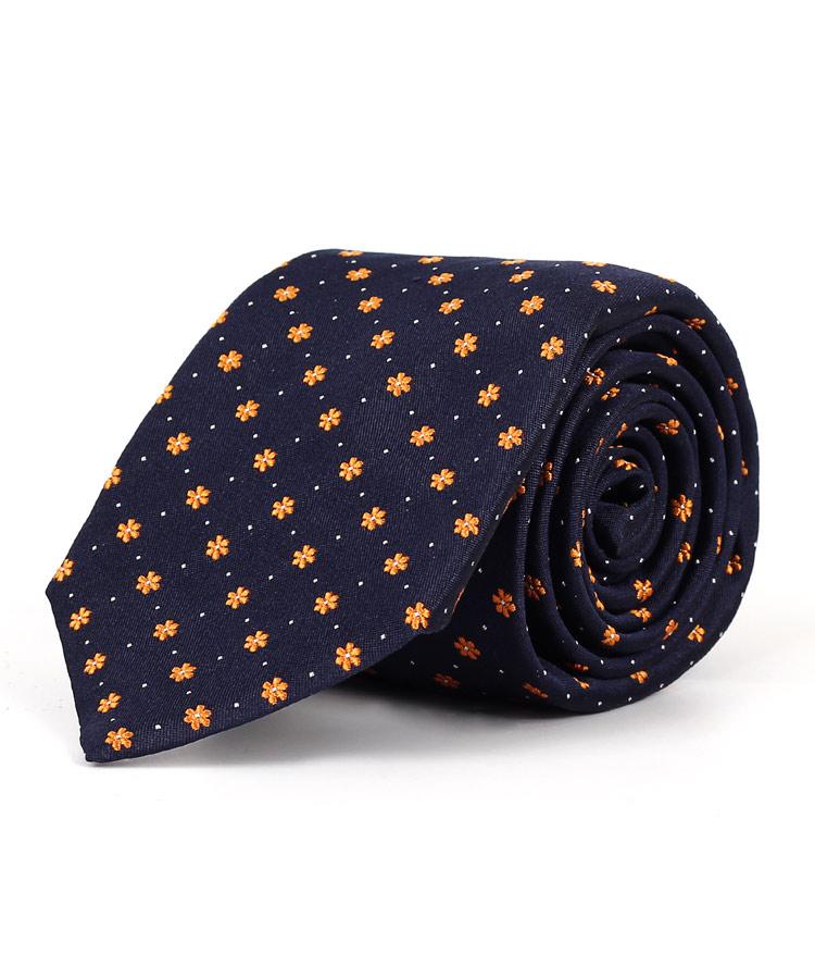 Navy Italian Handmade 100% Silk Tie with Gold Floral Pattern