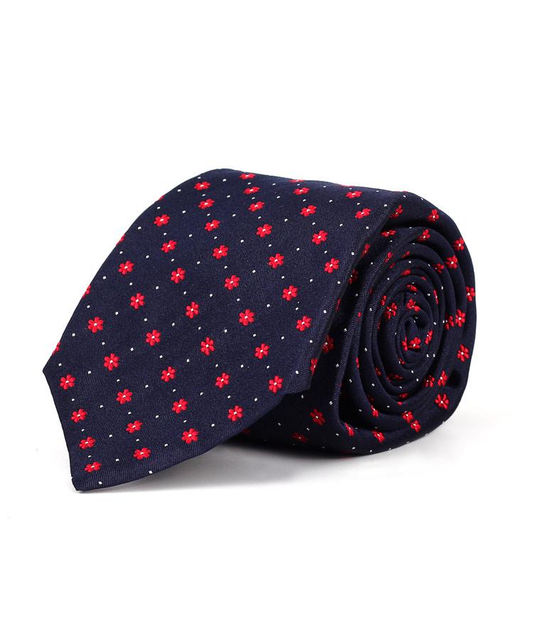 Navy Italian Handmade 100% Silk Tie with Red Floral Pattern