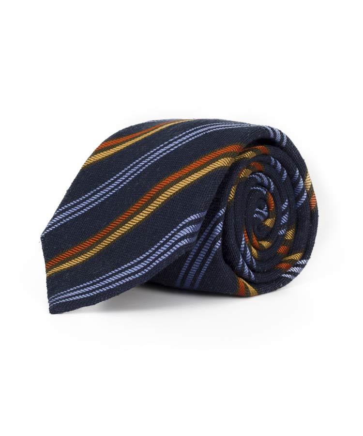 Navy with Red & Gold Stripes 100% Bourette Silk Tie