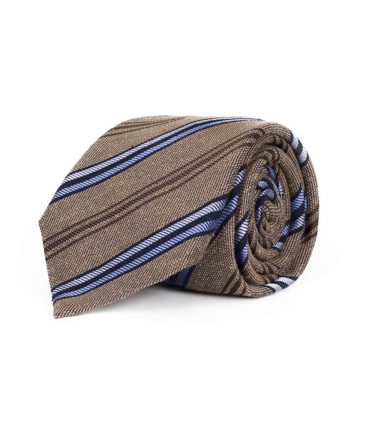 Khaki with Navy & Blue Stripes 100% Bourette Silk Tie