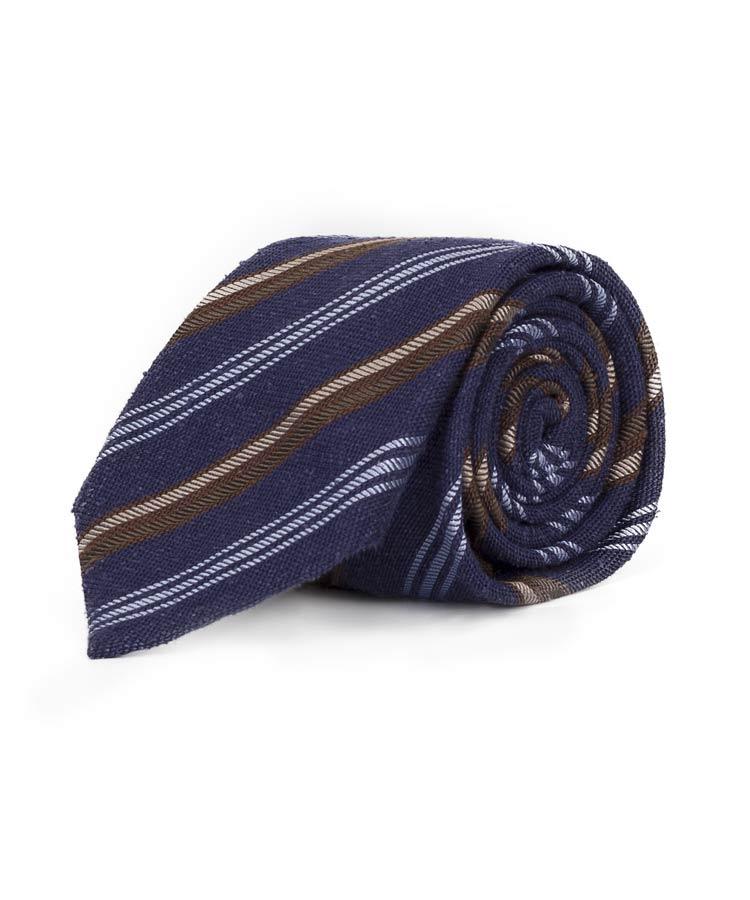 Navy with Cream & Blue Stripes 100% Bourette Silk Tie