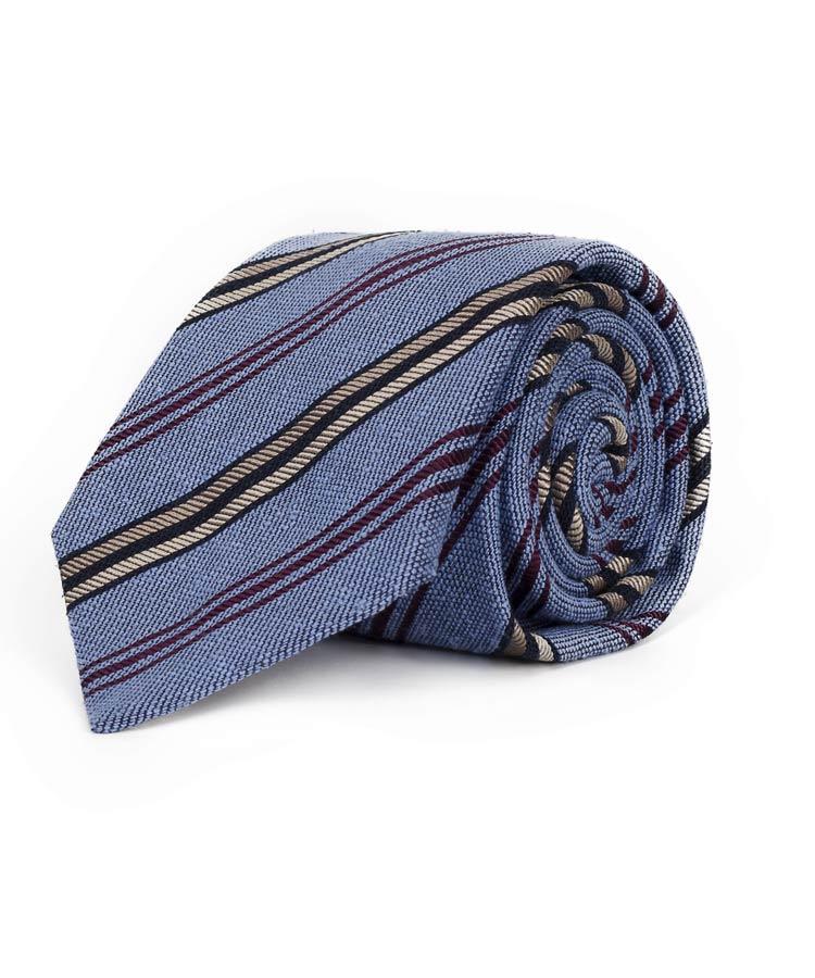 Sky Blue with Burgundy & Navy Stripes 100% Bourette Silk Tie