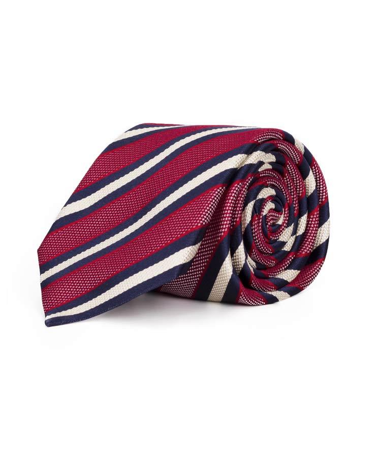 Red, Cream & Navy Stripes 100% Silk Tie