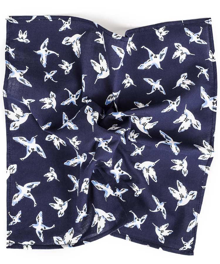 Ink Blue Pocket Square with Birds Pattern