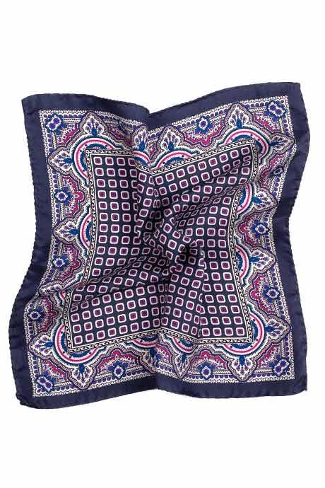 Blue & Purple Arabesque Pattern Italian 100% Silk Pocket Square