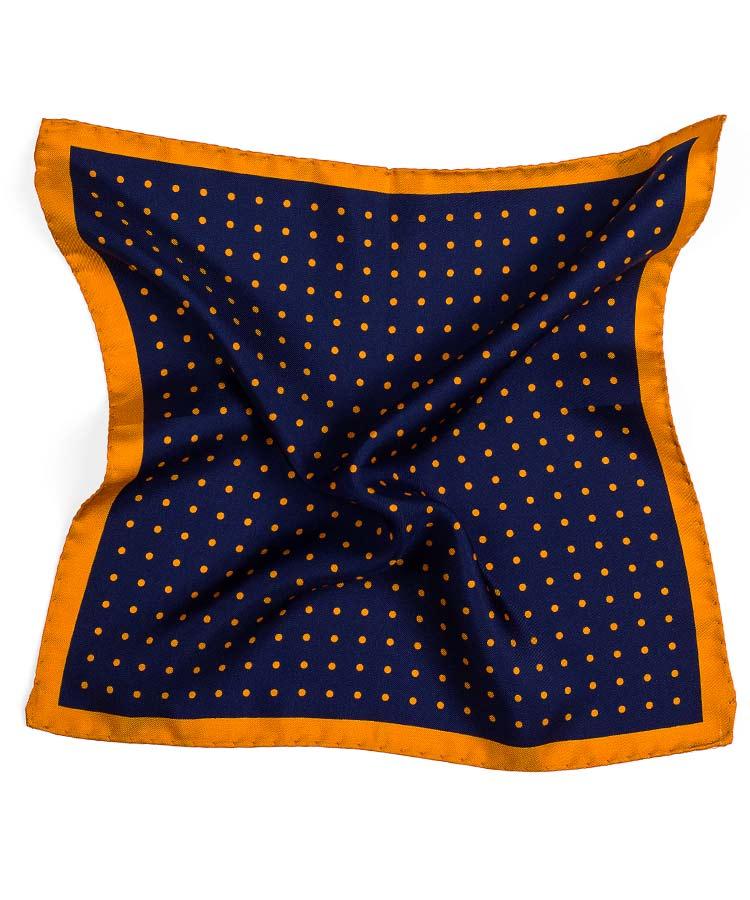 Navy & Mustard Dotted Italian 100% Silk Pocket Square