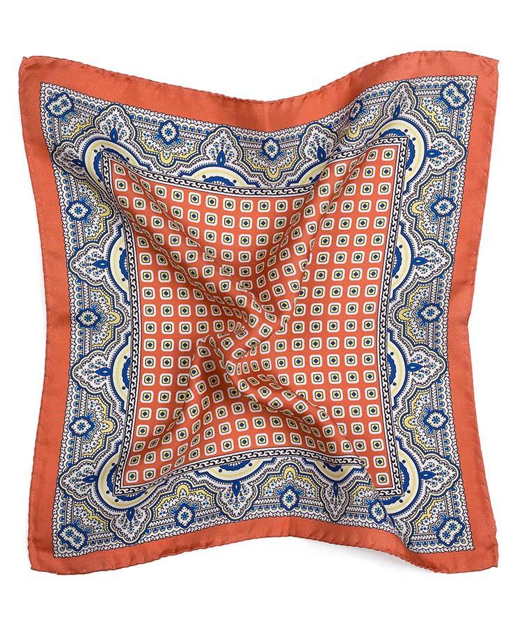 Salmon & Blue Arabesque Pattern Italian 100% Silk Pocket Square