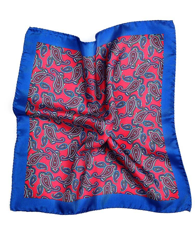 Fire Red & Blue Paisley Italian 100% Silk Pocket Square