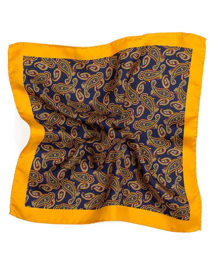 Mustard & Blue Paisley Italian 100% Silk Pocket Square