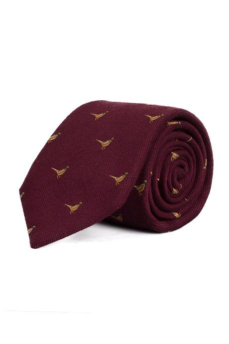 Pheasant Pattern Burgundy Wool & Silk Tie