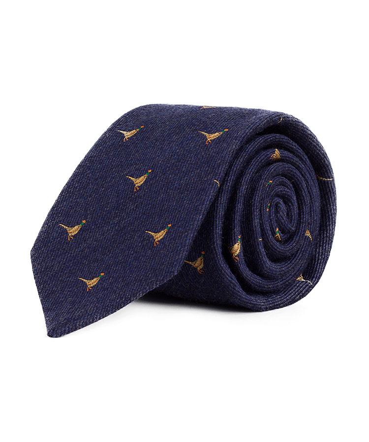 Pheasant Pattern Navy Wool & Silk Tie