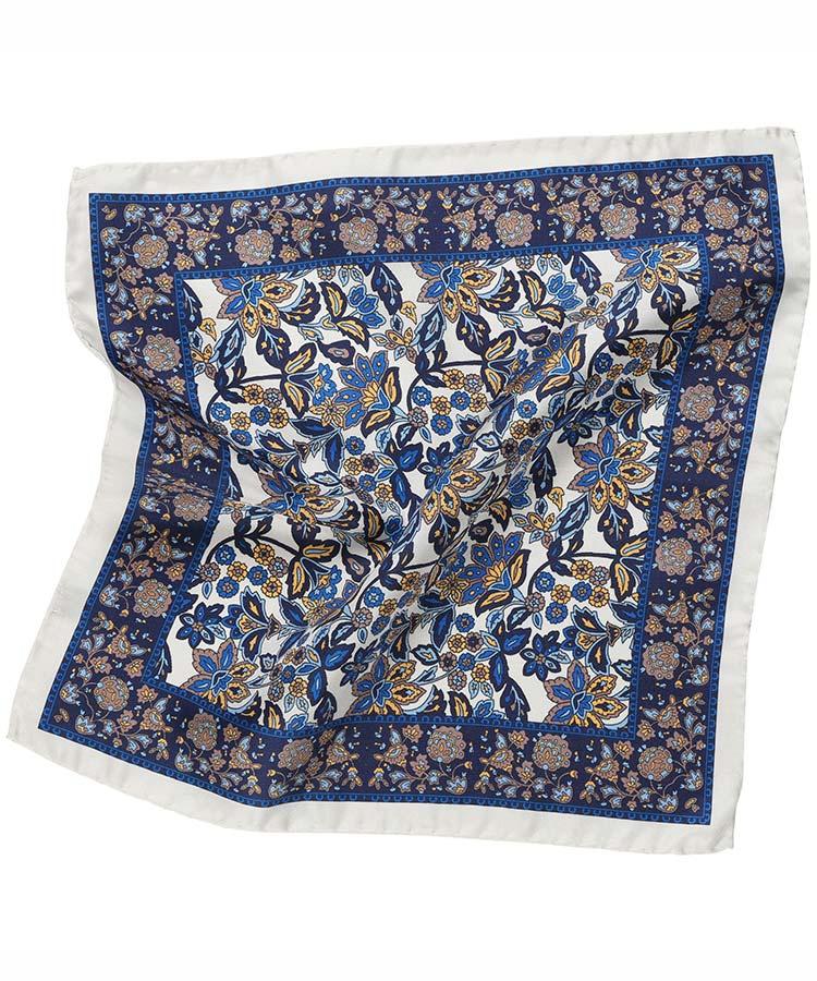 White & Navy Floral Italian 100% Silk Pocket Square