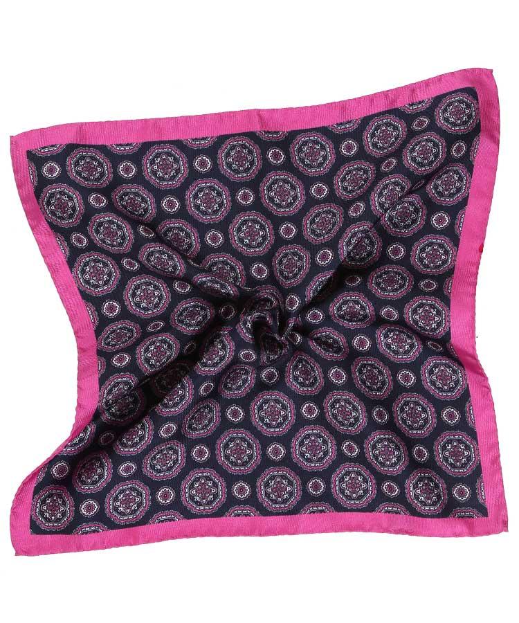 Navy & Pink Shapes Italian 100% Silk Pocket Square