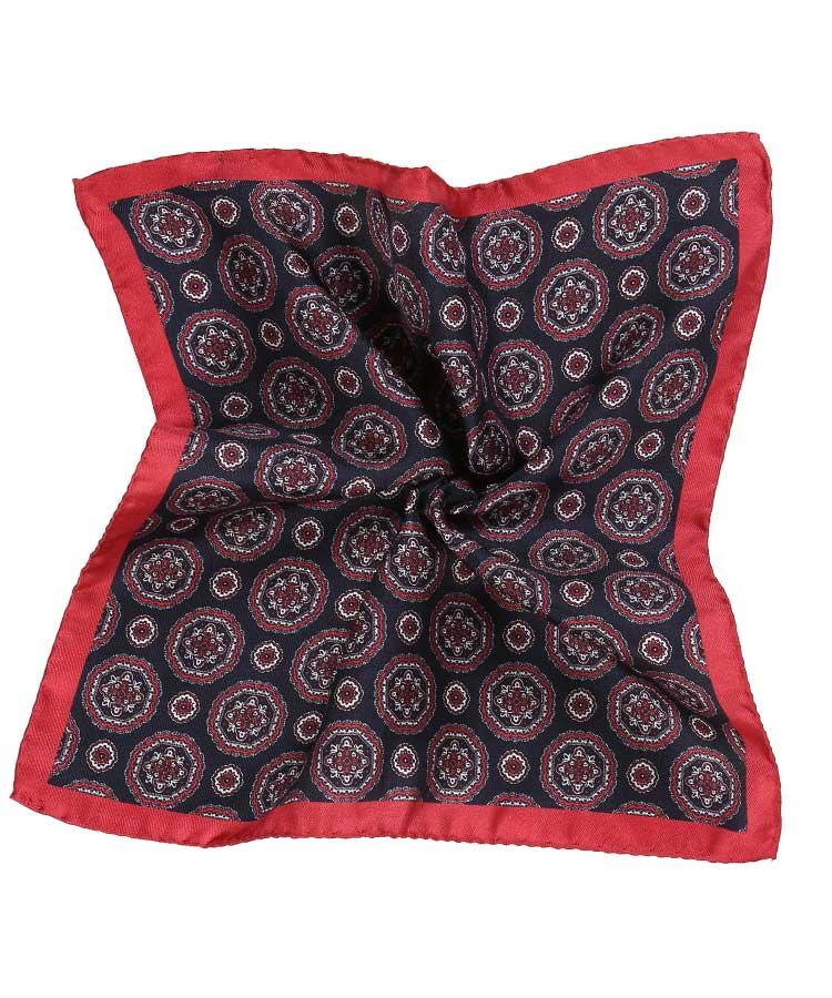 Navy 100% Silk Pocket Square with Red Shapes