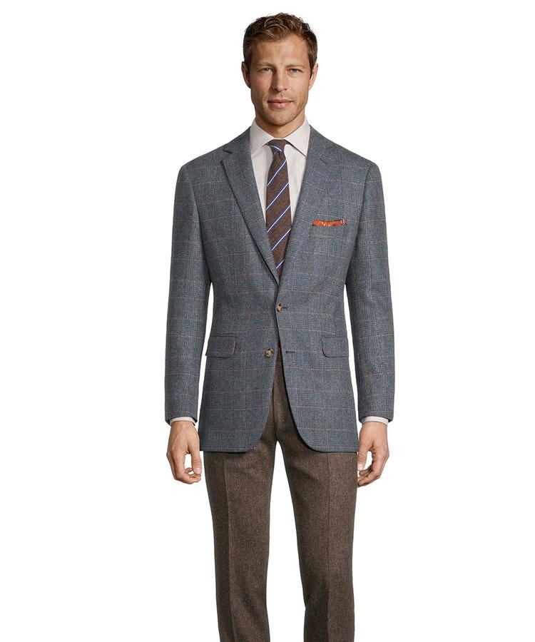 Steel Blue Plaid with Red Overcheck Wool & Cashmere Blazer
