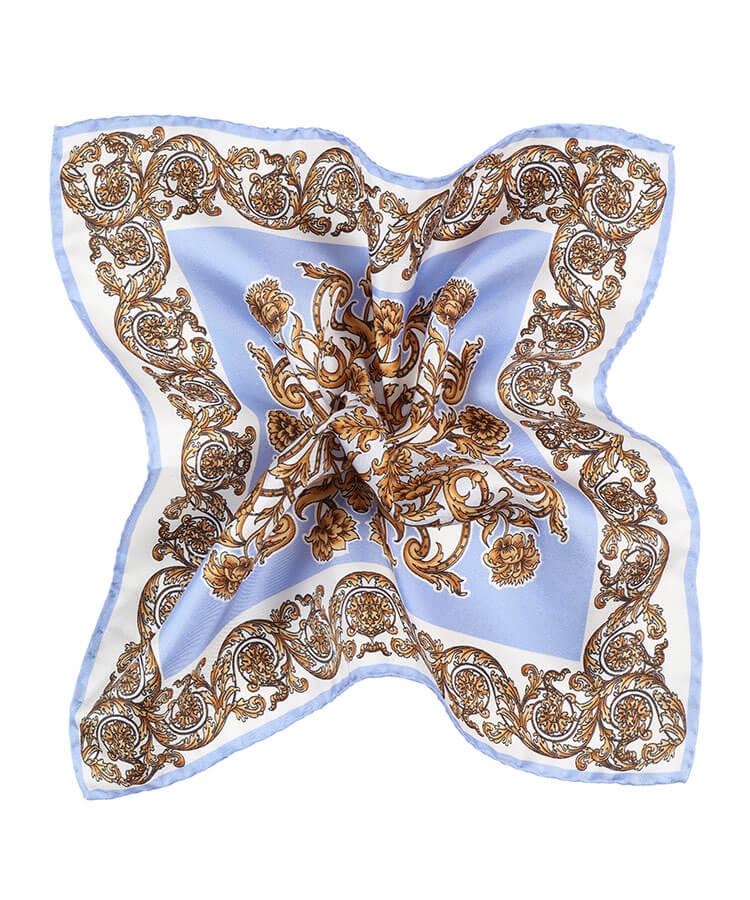 Sky Blue and Gold Patterned Italian 100% Silk Pocket Square