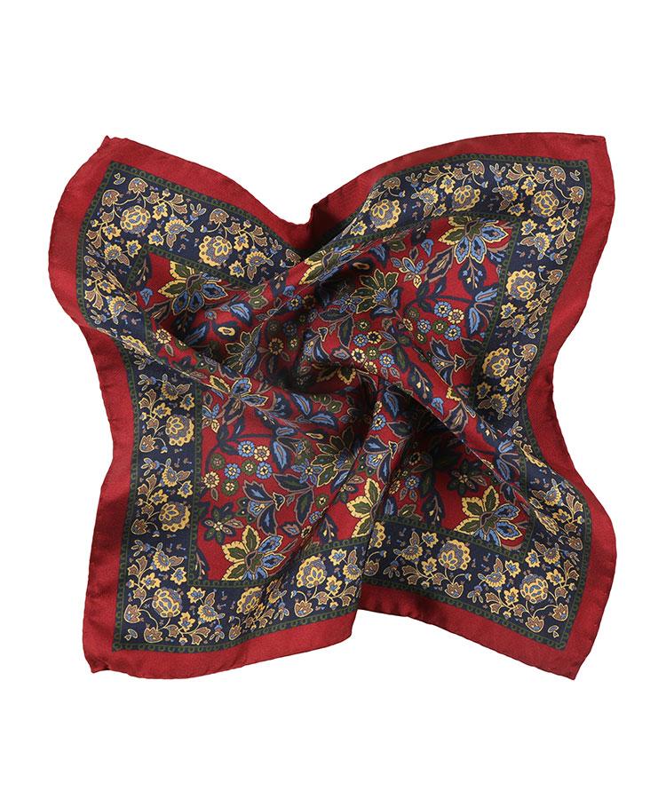 Dark Red Floral Italian 100% Silk Pocket Square