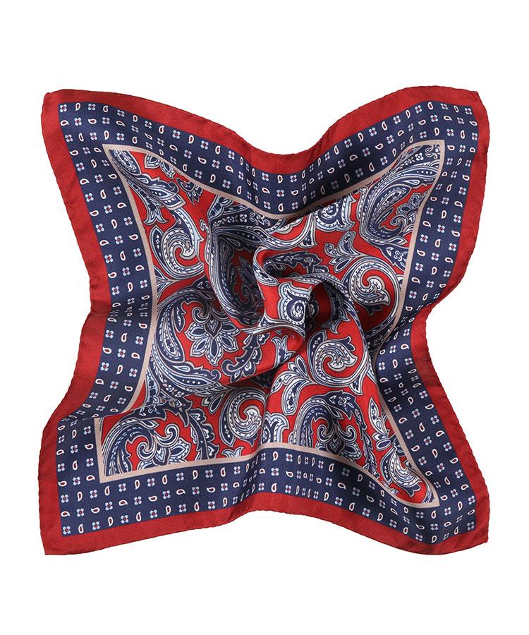 Lava Red & Blue Patterned Italian 100% Silk Pocket Square