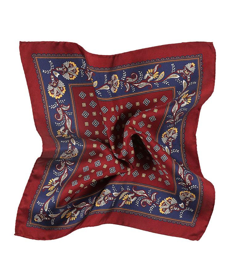 Ruby Red & Navy Floral Patterned Italian 100% Silk Pocket Square